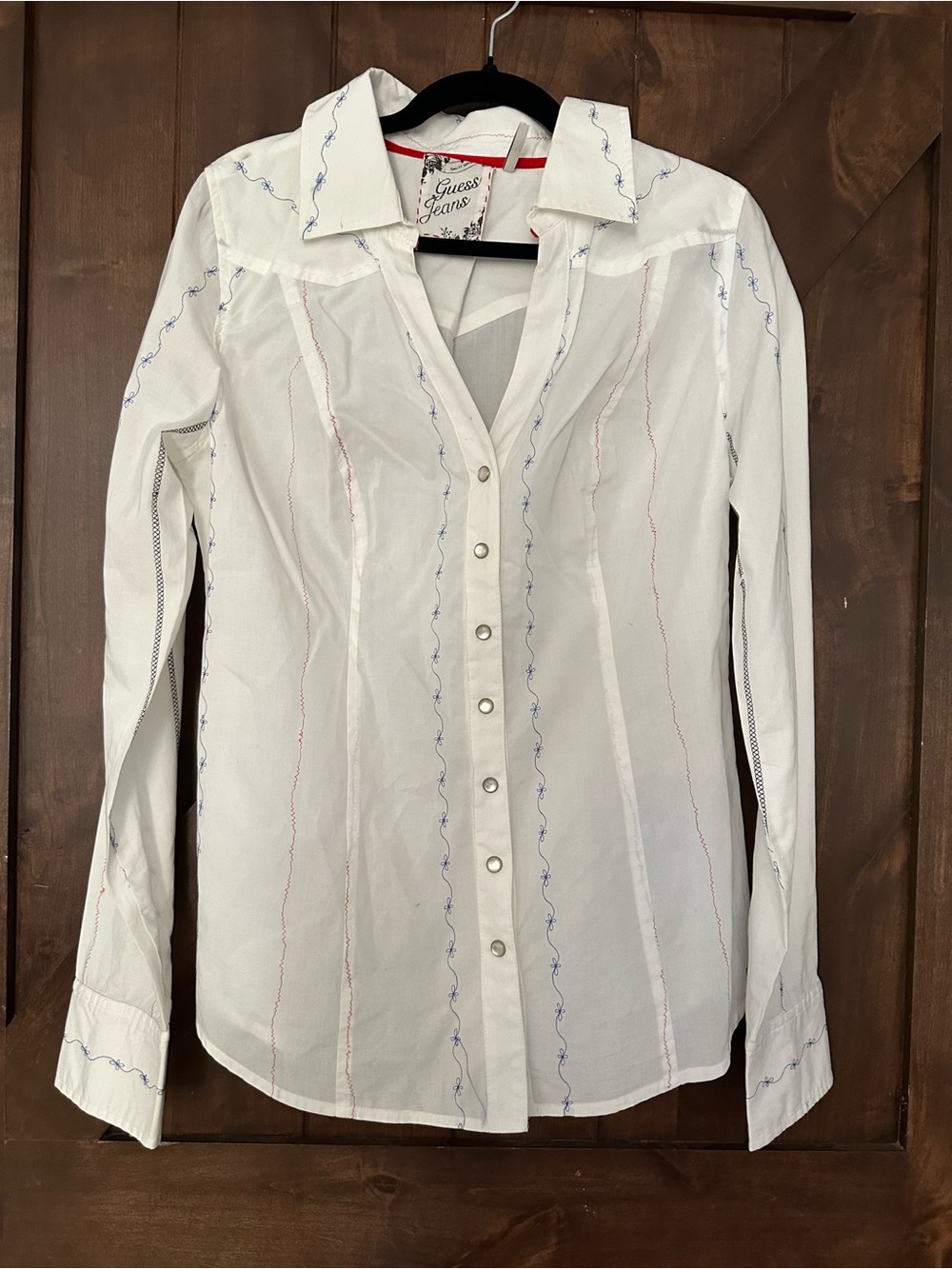 Guess White Long-Sleeve Button Shirt with Blue & Red Stitching